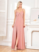 Elegant pink spaghetti strap evening gown with side slits, size M.