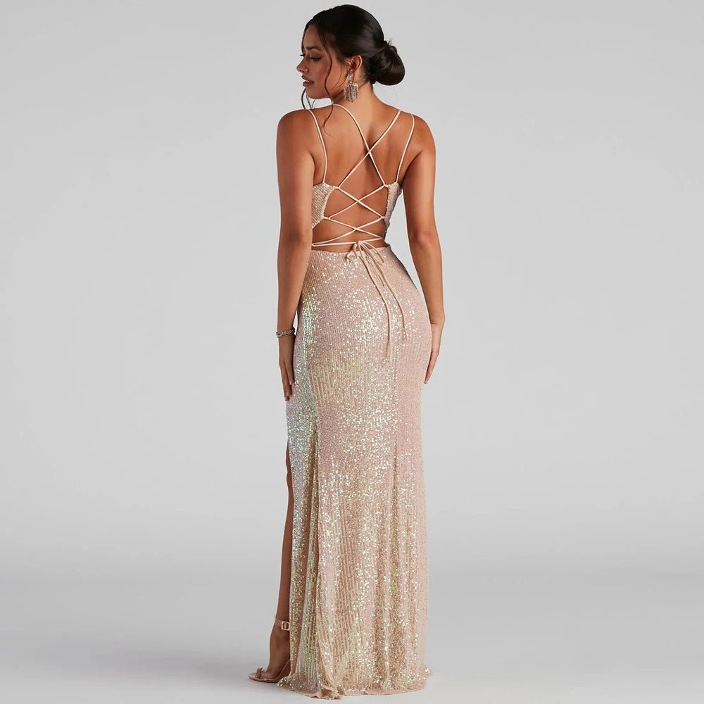 Side Split Champagne Sequins Mermaid Evening Dress