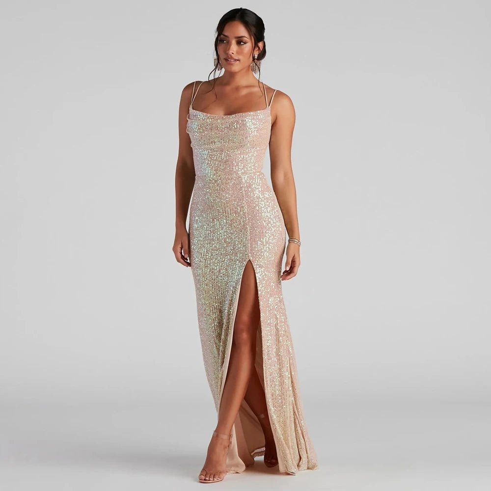 Side Split Champagne Sequins Mermaid Evening Dress