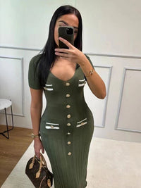 green Single Breasted Knitted Bodycon Dress with Short Sleeves S