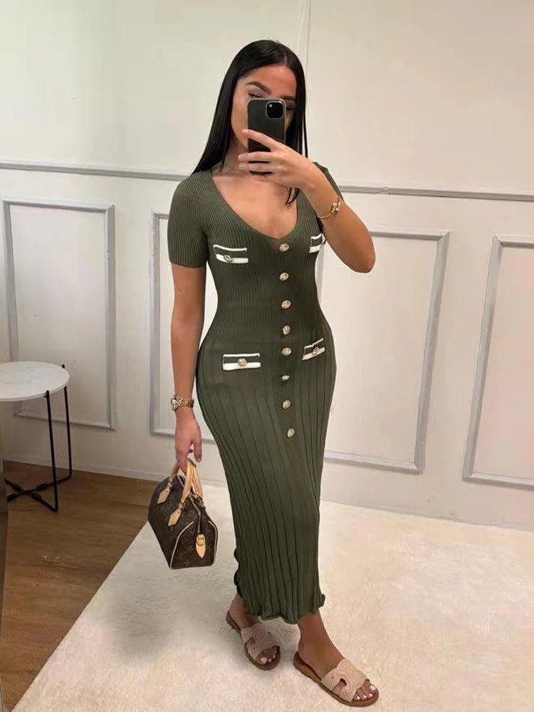 green Single Breasted Knitted Bodycon Dress with Short Sleeves S