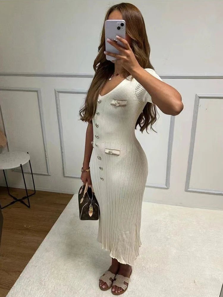 White Single Breasted Knitted Bodycon Dress with Short Sleeves L