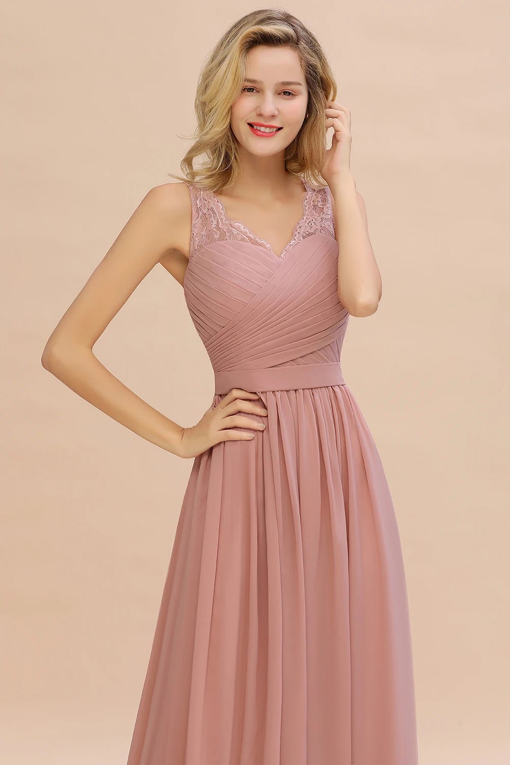 Dusty Pink Sleeveless A - line Long Chiffon Bridesmaid Dress 4