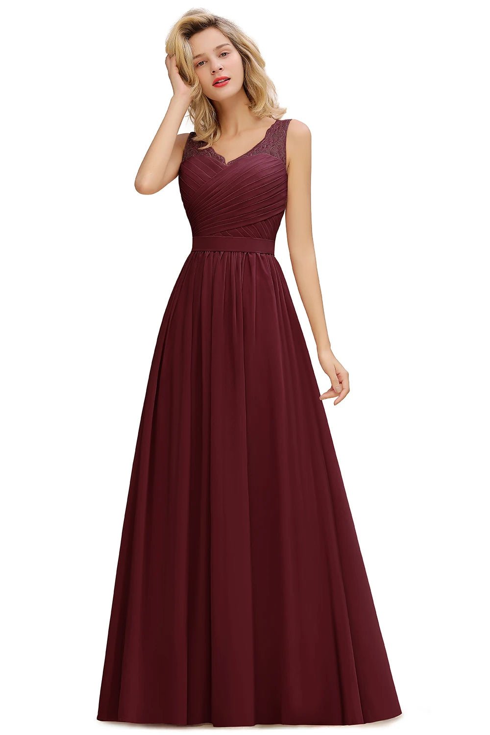 Burgundy Sleeveless A - line Long Chiffon Bridesmaid Dress 4