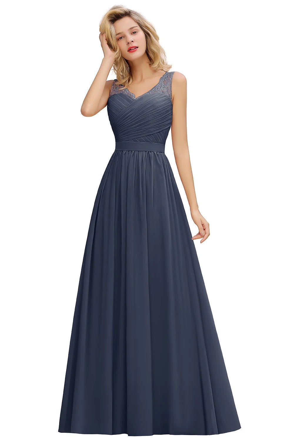 Dusty Navy Sleeveless A - line Long Chiffon Bridesmaid Dress 4