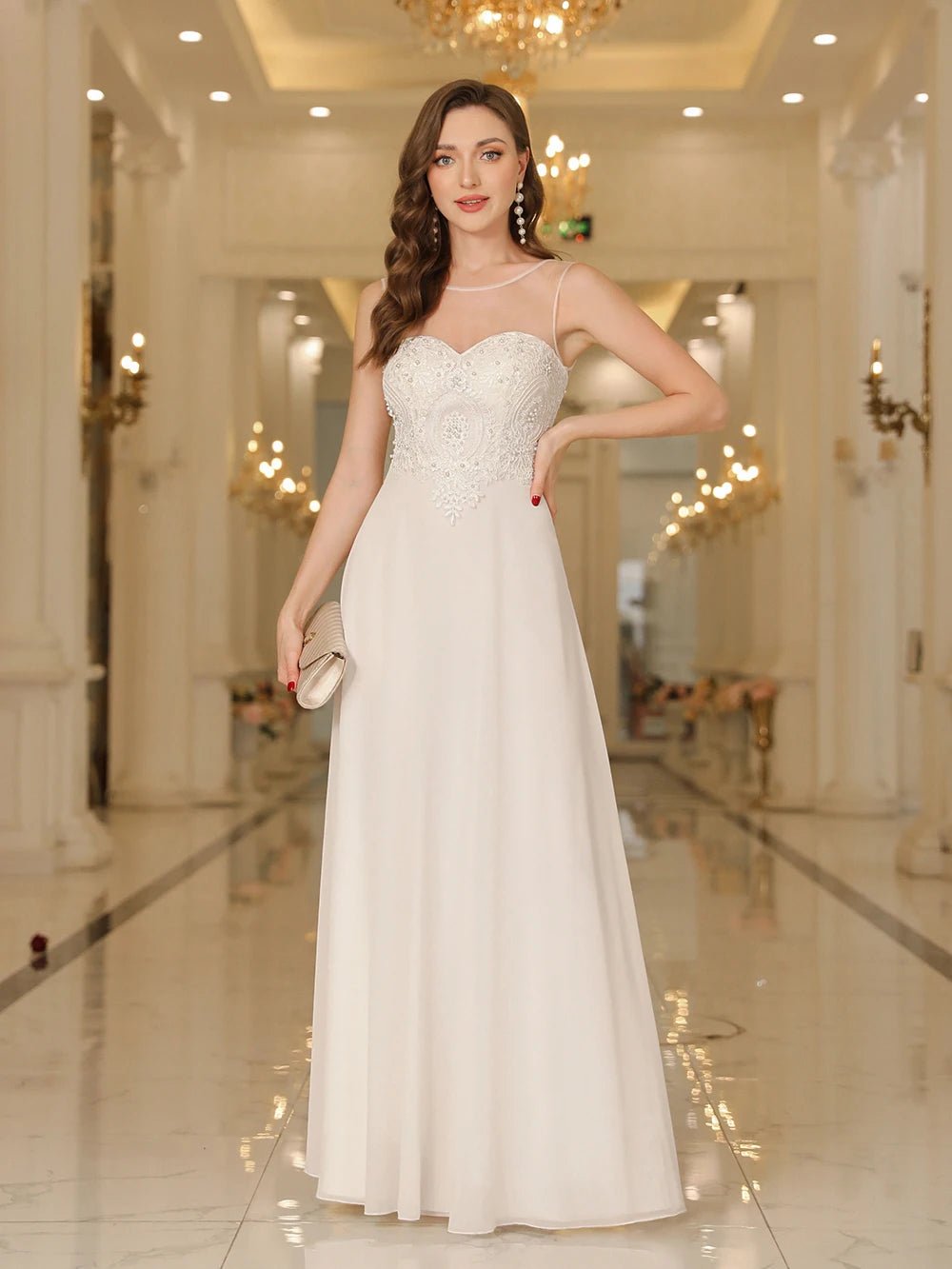 Sleeveless Chiffon Evening Dress with Pearl Appliques