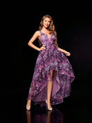 Purple Sleeveless Floral Print Mid - calf Evening Dress S