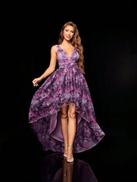 Purple Sleeveless Floral Print Mid - calf Evening Dress S