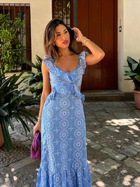 blue Sleeveless Hollow Out Embroidered Maxi Dress S