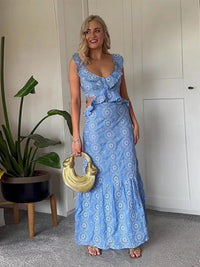 blue Sleeveless Hollow Out Embroidered Maxi Dress S