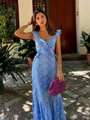 blue Sleeveless Hollow Out Embroidered Maxi Dress S