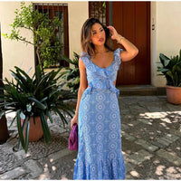 blue Sleeveless Hollow Out Embroidered Maxi Dress S