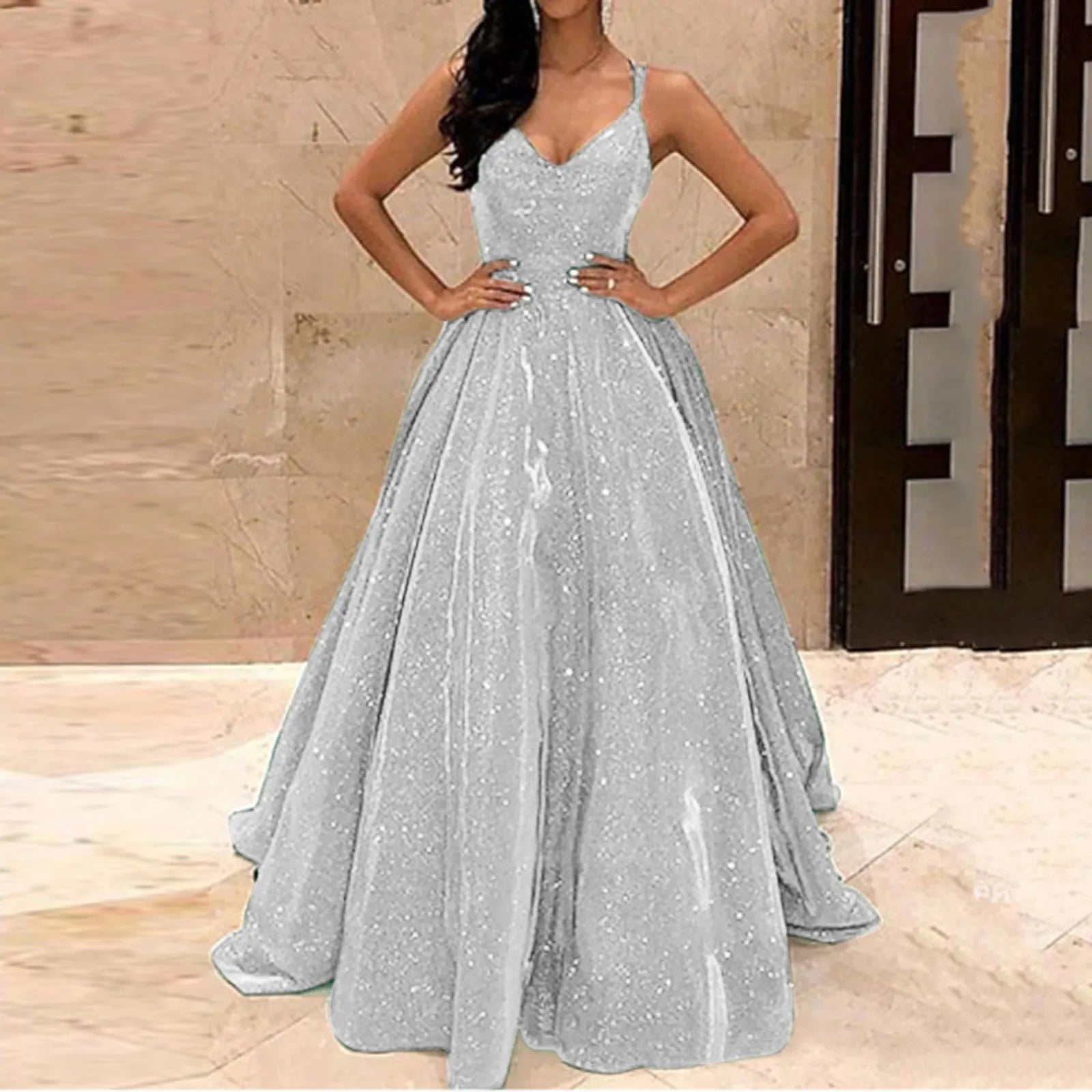 Sleeveless Pleated Sequin Evening Party Prom Dress