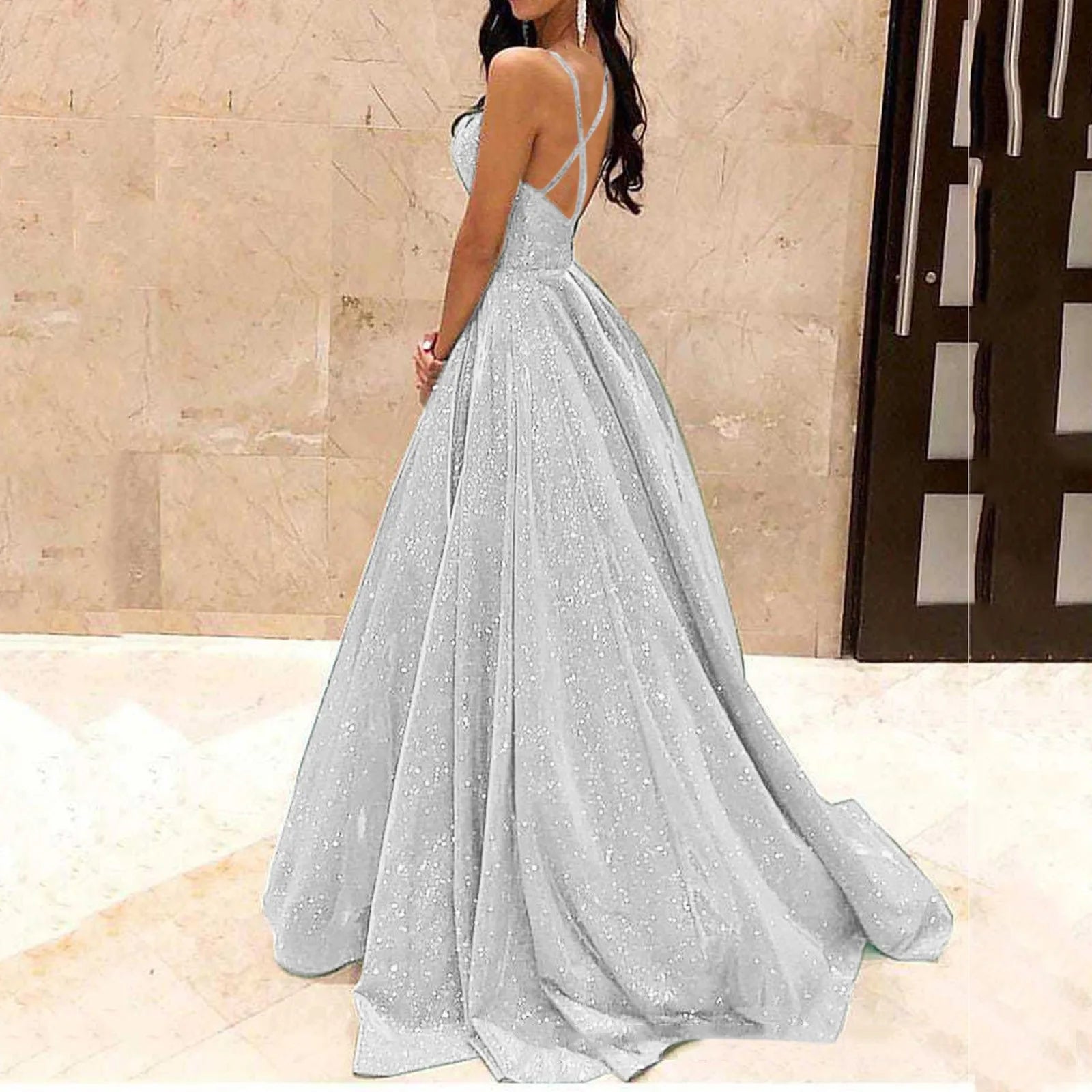 Sleeveless Pleated Sequin Evening Party Prom Dress