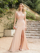 Champagne Sleeveless V - Neck High Slit Mermaid Bridesmaid Dress 2