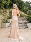 Champagne Sleeveless V - Neck High Slit Mermaid Bridesmaid Dress 2