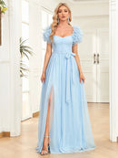 Light Blue Slit Short Sleeve Chiffon A - Line Bridesmaid Dress S