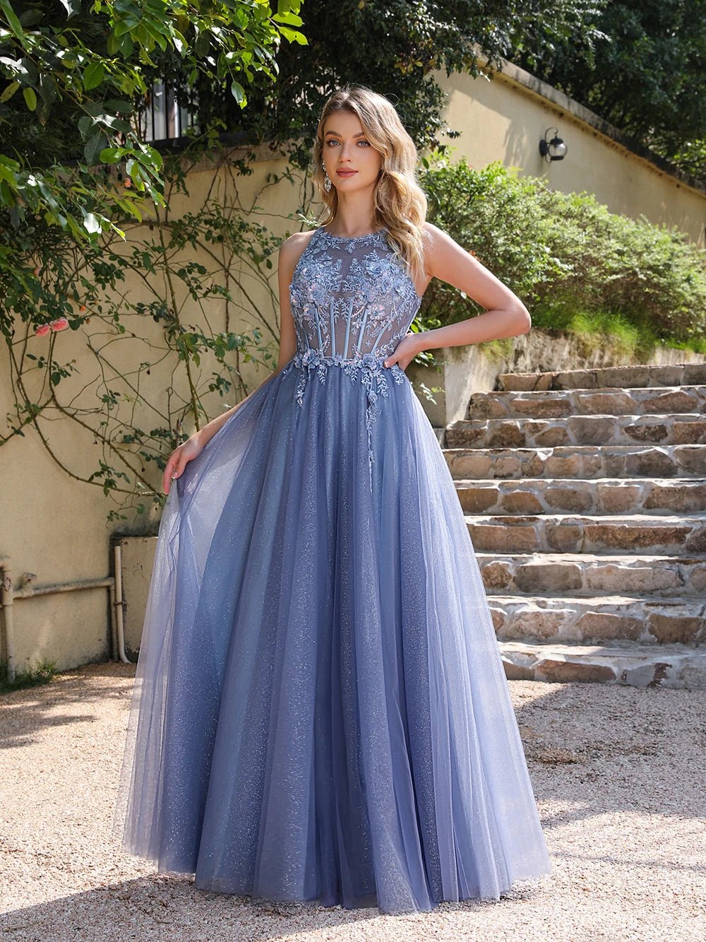 Soft Tulle Dusty Blue Bridesmaid Dress with Appliques