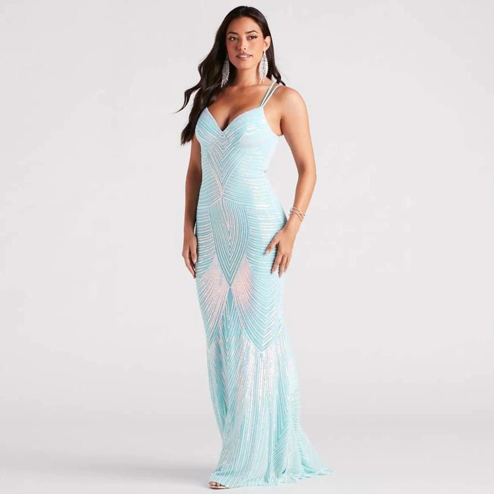 Spaghetti Strap Mint Blue Sequined Mermaid Dress