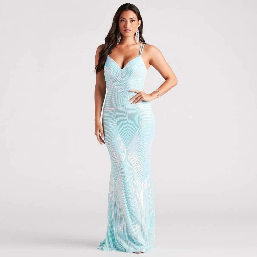 Spaghetti Strap Mint Blue Sequined Mermaid Dress