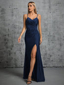 Navy Blue Spaghetti Strap Navy Bridesmaid Dress With Side Slit L