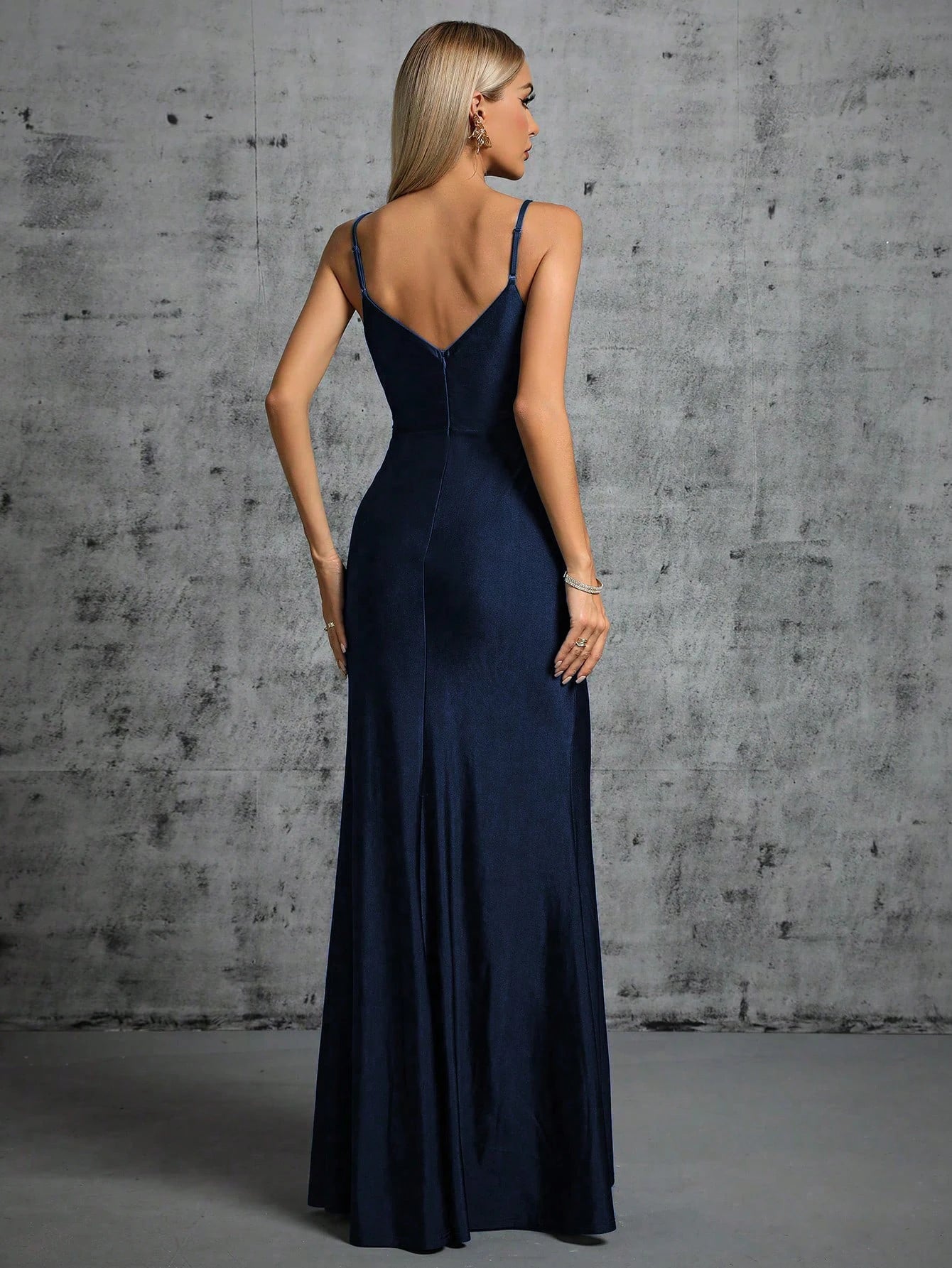 Spaghetti Strap Navy Bridesmaid Dress With Side Slit