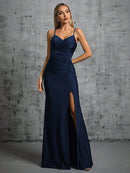 Navy Blue Spaghetti Strap Navy Bridesmaid Dress With Side Slit L