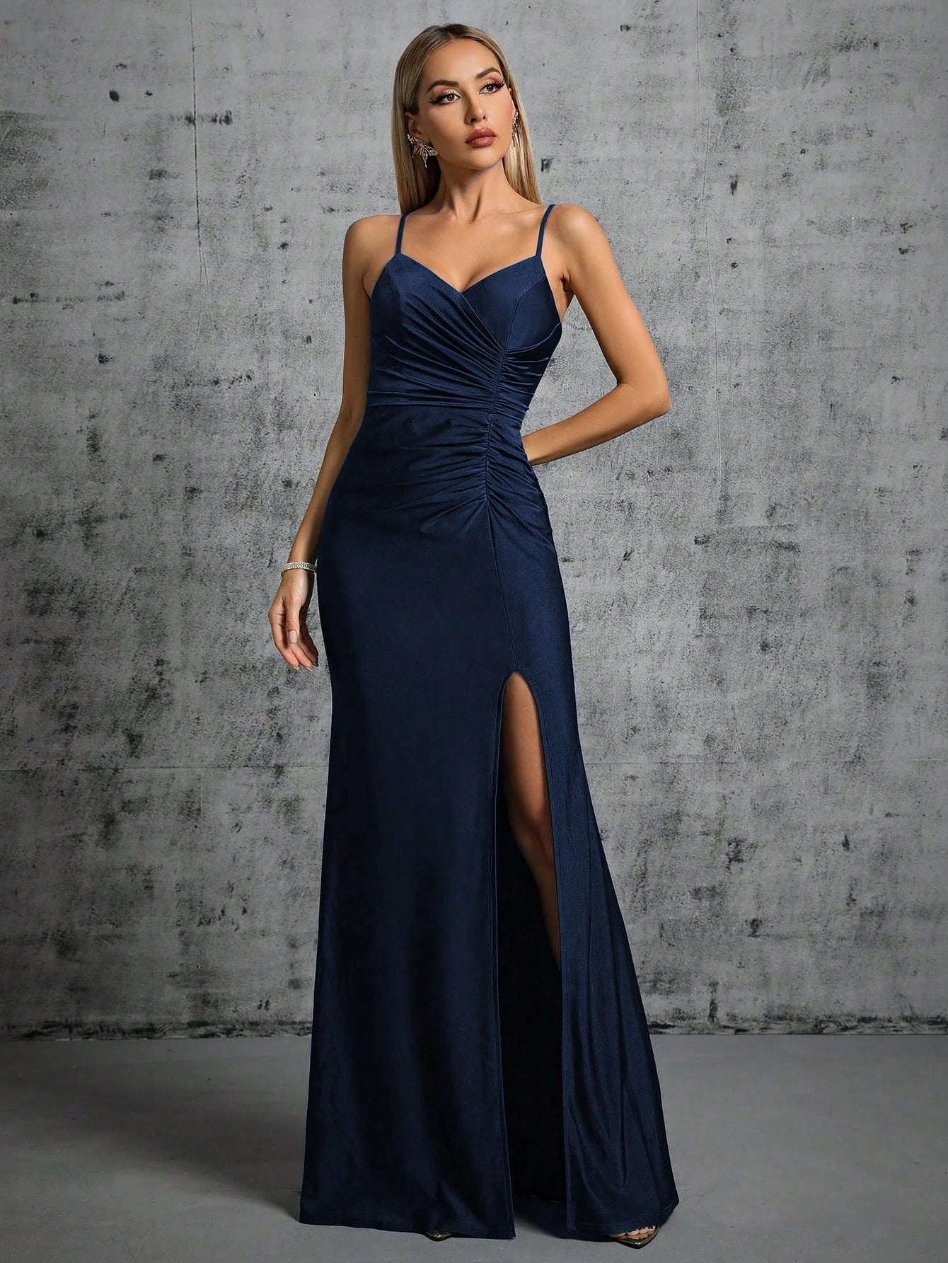 Spaghetti Strap Navy Bridesmaid Dress With Side Slit