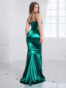 Green Spaghetti Strap One Shoulder Green Satin Bridesmaid Dress L