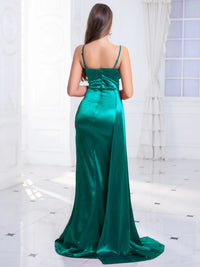 Dark Green Spaghetti Strap V - Neck Rhinestone Green Bridesmaid Dress M