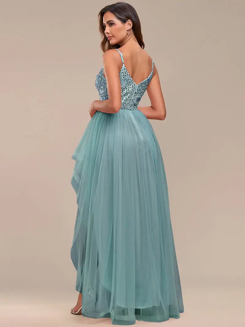 Spaghetti Straps Asymmetric  Sequin Tulle Bridesmaid Dress