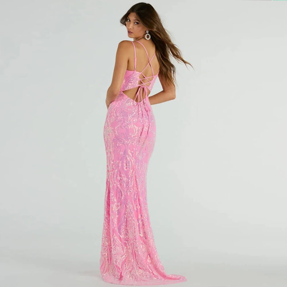 Spaghetti Straps Pink Sequined Mermaid Dress