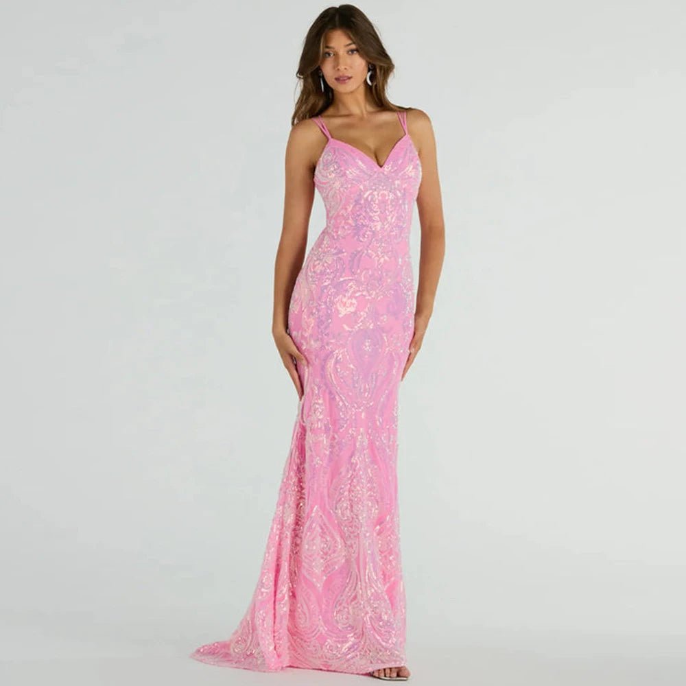 Spaghetti Straps Pink Sequined Mermaid Dress