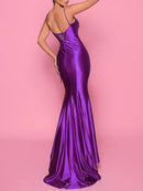 Purple Spaghetti Straps Side Slit Mermaid Satin Dress Lace Up Back M