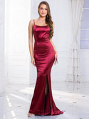 Burgundy Spaghetti Straps Side Slit Mermaid Satin Dress Lace Up Back L