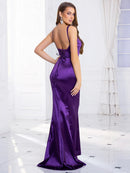 Purple Spaghetti Straps Side Slit Mermaid Satin Dress Lace Up Back M