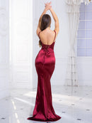 Burgundy Spaghetti Straps Side Slit Mermaid Satin Dress Lace Up Back L