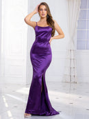 Purple Spaghetti Straps Side Slit Mermaid Satin Dress Lace Up Back M