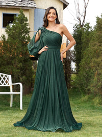 Emerald Green Sparkle One - Shoulder Long Sleeve Elegant Evening Dress S