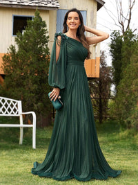 Emerald Green Sparkle One - Shoulder Long Sleeve Elegant Evening Dress 5XL