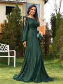 Emerald Green Sparkle One - Shoulder Long Sleeve Elegant Evening Dress 5XL