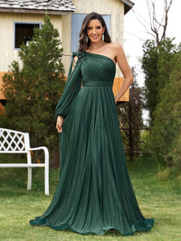 Emerald Green Sparkle One - Shoulder Long Sleeve Elegant Evening Dress 5XL