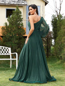 Emerald Green Sparkle One - Shoulder Long Sleeve Elegant Evening Dress S