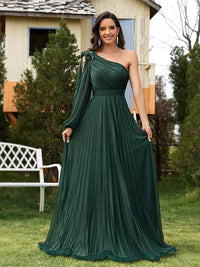 Emerald Green Sparkle One - Shoulder Long Sleeve Elegant Evening Dress 5XL