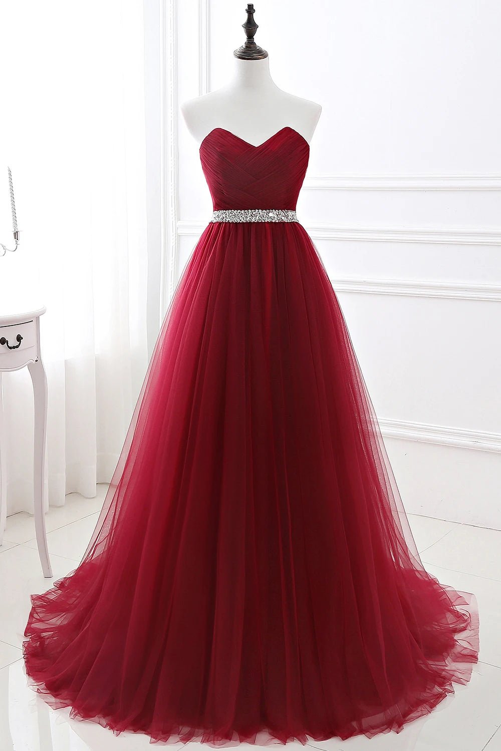 Burgundy Strapless Chiffon Ball Gowns Evening Dress 2