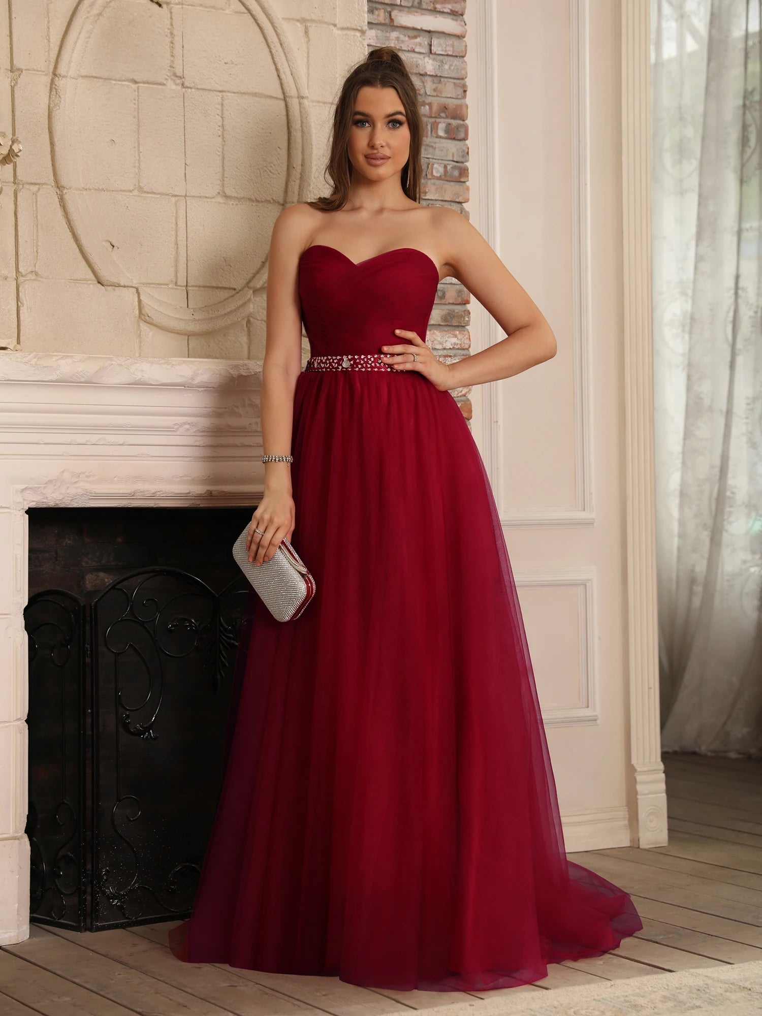 Burgundy Strapless Chiffon Ball Gowns Evening Dress 2