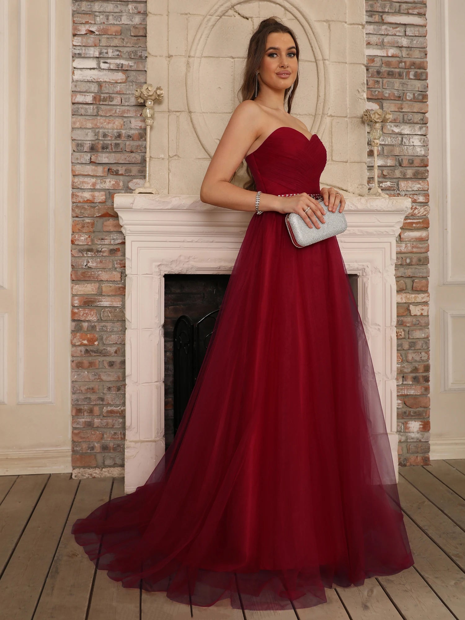 Burgundy Strapless Chiffon Ball Gowns Evening Dress 2