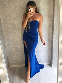 Blue Strapless Elegant High Slit Mermaid Bridesmaid Dress 6