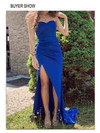 Blue Strapless Elegant High Slit Mermaid Bridesmaid Dress 6