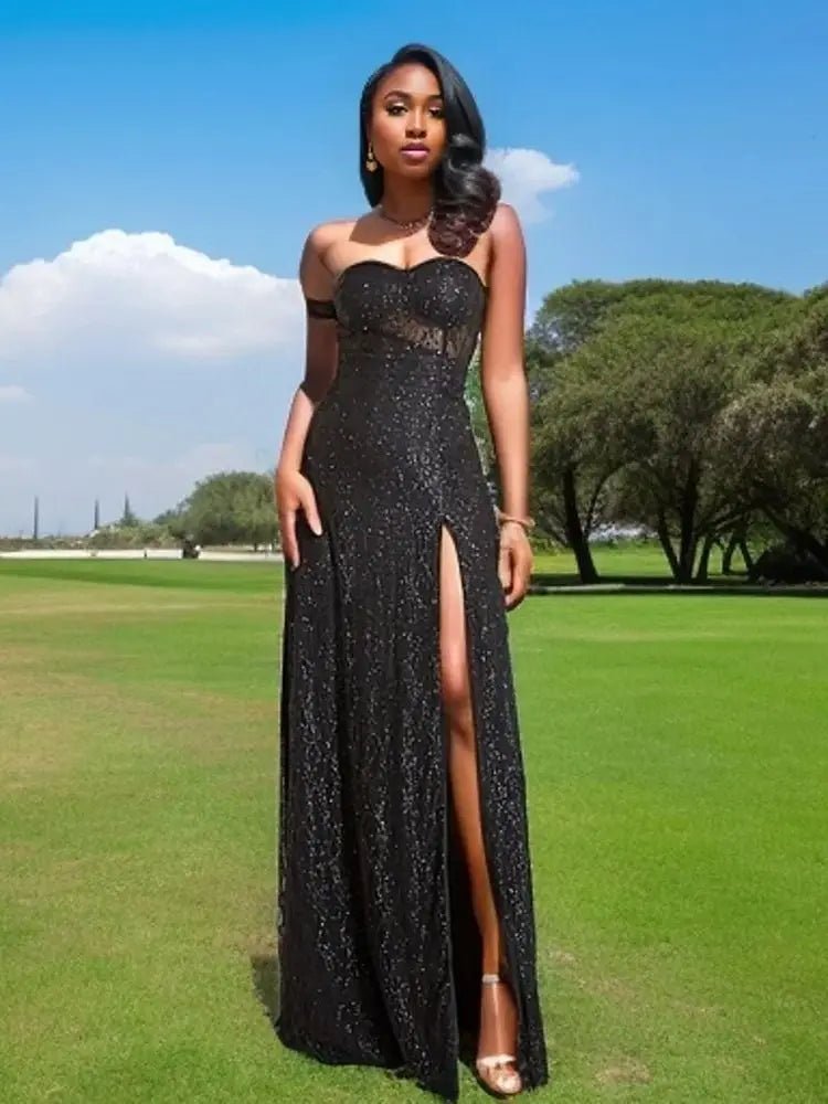 Strapless One Sleeve  Black Glittered Evening Dress